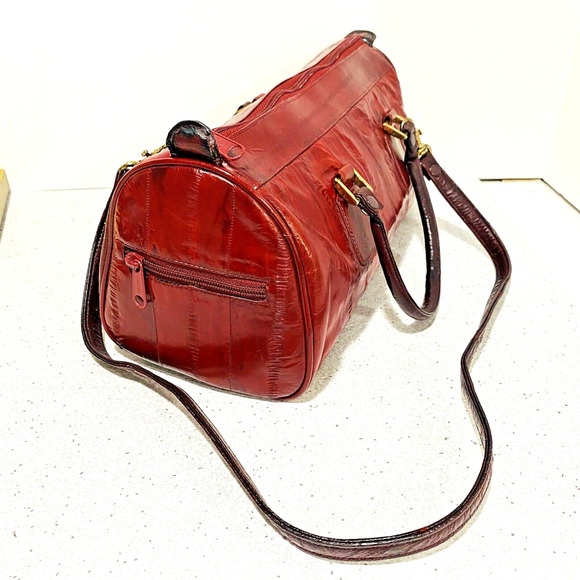 Vintage Red Eel Skin Leather Double Handle Satchel & Shoulderbag Purse Korea - Picture 2 of 12